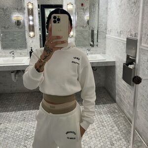 SKIMS White Cotton Fleece Shrunken Cropped Hoodie Classic Jogger Marble Graphic